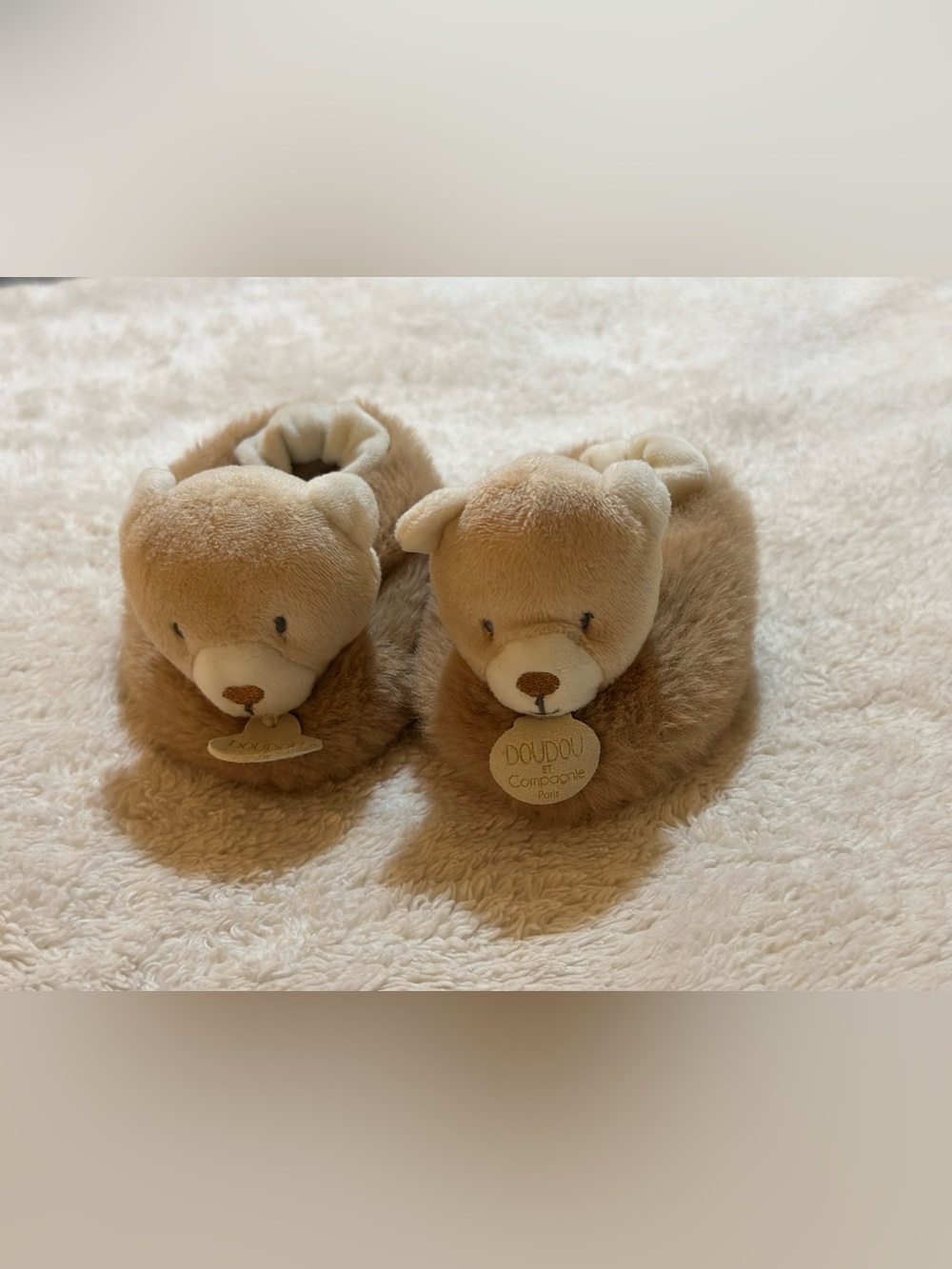 Doudou et Compagnie Beige Bear Plush Rattle Slippers for Babies